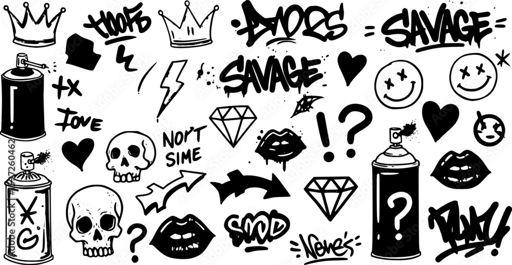 Fototapeta premium a set of graffiti spray, including crowns, lightning, smiling faces, hearts, diamonds, skulls, question marks, arrows, lips, and the word 
