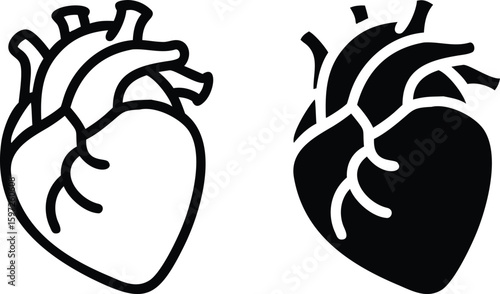 Anatomical Heart Icon Set – Black and White Human Organ Vector Illustration