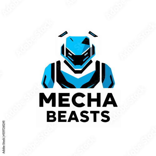 A stylized logo featuring a futuristic robot, called "Mecha Beasts".