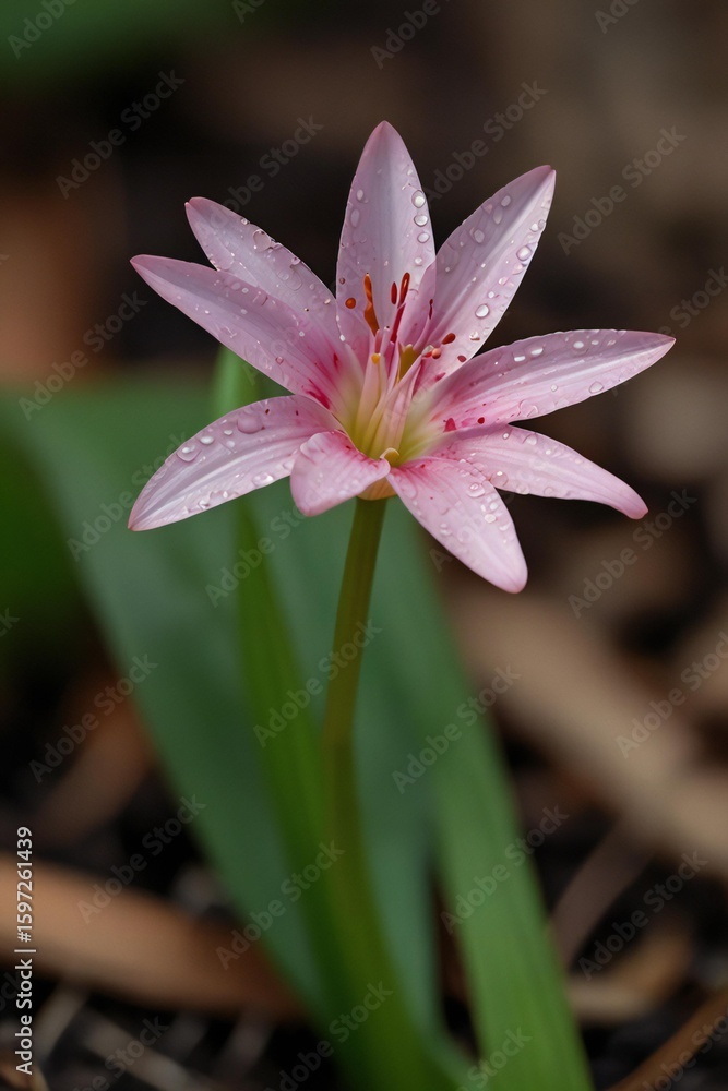 Fototapeta premium Delicate pink star shaped flower with detailed petals