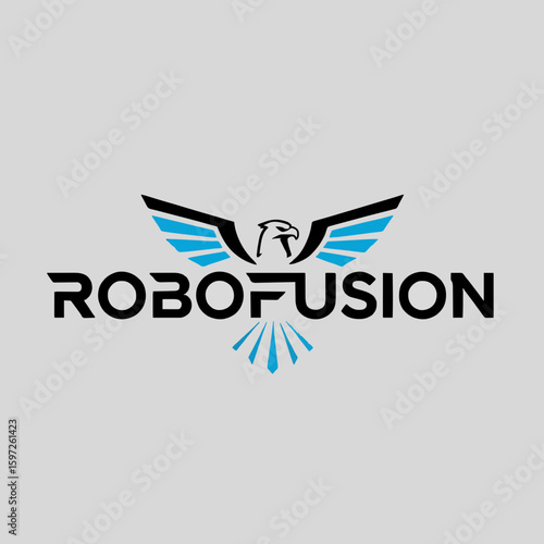 A logo featuring the word "ROBOFUSION" with an eagle icon above, wings spread, in black and blue, on a gray background.