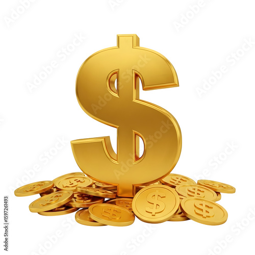 Golden dollar sign perched atop a pile of gold coins, an emblem of wealth, prosperity, and financial success for business and economy concepts