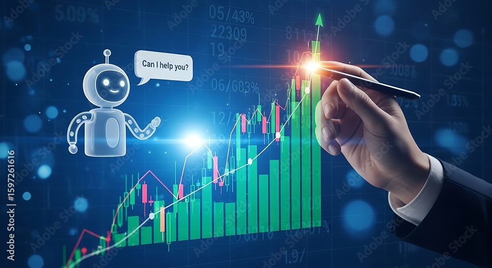 Naklejka premium AI-Powered Growth: A Robot Guides Financial Success