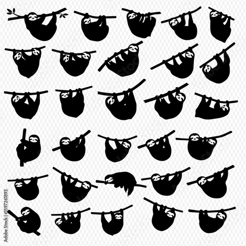 A collection of sloth silhouettes hanging from branches in various poses, creating a pattern against a transparent background.