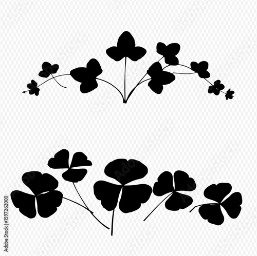 Two stylized arrangements of shamrocks and clover leaves in black silhouette against a transparent background.