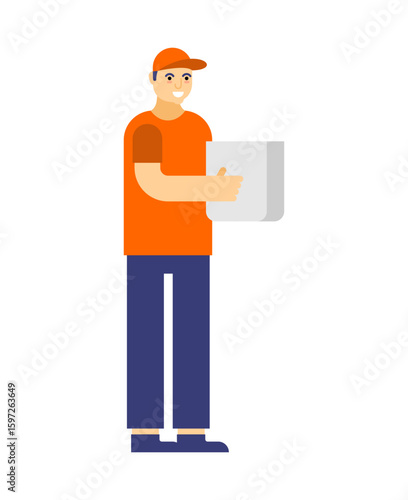 Courier in orange uniform holding a package. Concept of fast delivery, logistics, online shopping, and express parcel service.