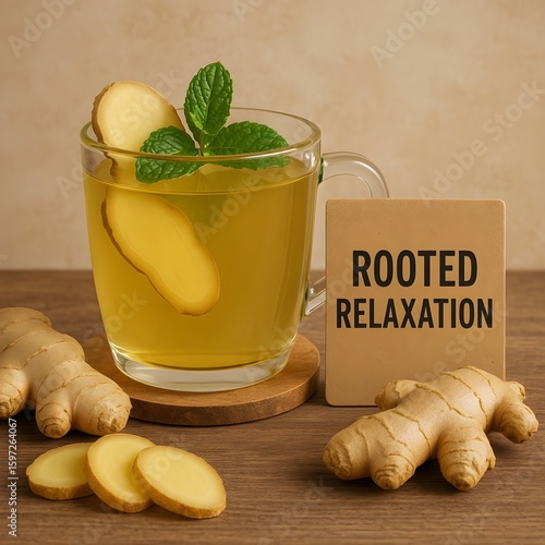 A glass of ginger tea with mint leaves and a rooted relaxation sign on a wooden table