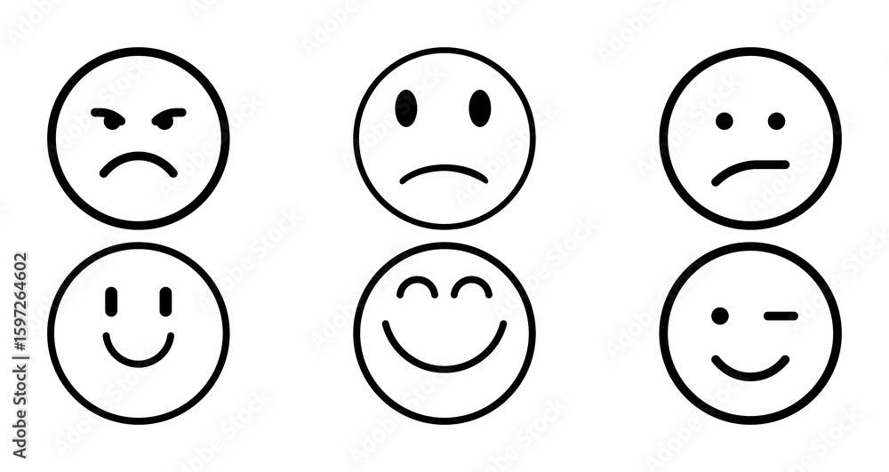 Outline emoji faces: angry, sad, neutral, happy, smiling with closed eyes, winking. Outline emoji faces: angry, sad, neutral, happy, smiling with closed eyes, winking.