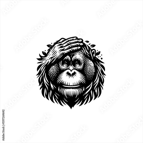 Black and White Orangutan Face with Hand Covering Eyes.