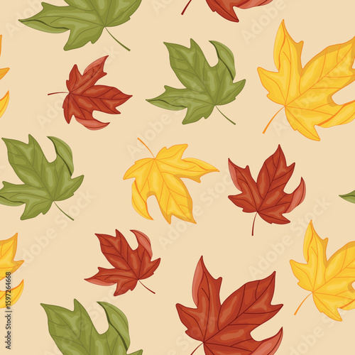 seamless pattern with autumn leaves, namely maple leaves in various autumn colors on a yellow background, for autumn designs, cards or websites