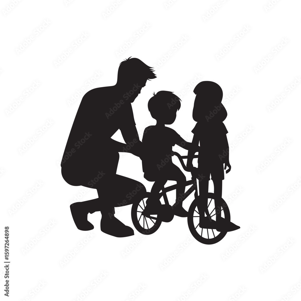 Fototapeta premium Duo bike coaching silhouette. Parent crouched, guiding two children tandem on a bicycle.