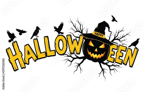 Halloween design with pumpkin and text "HALLOWEEN"