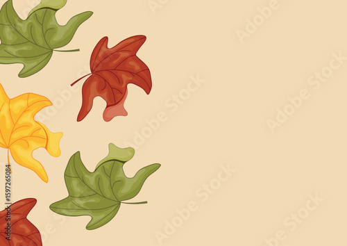 horizontal poster of autumn leaves, namely multi-colored maple leaves that bend sideways on a yellow background, for autumn patterns, postcards or websites