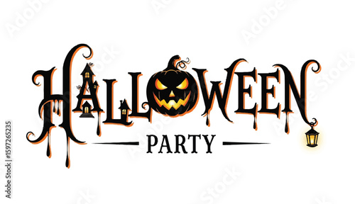 Halloween Party design with pumpkin and haunted house illustration