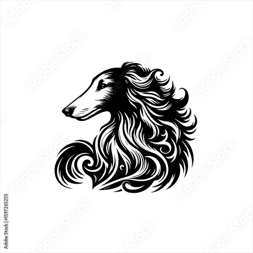 Elegant Black and White Borzoi Dog Illustration 1.