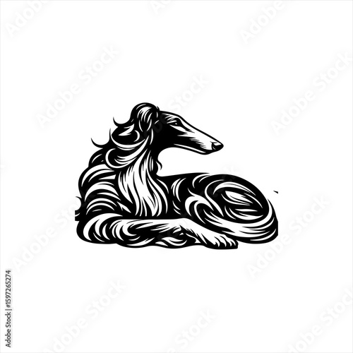 Elegant Black and White Borzoi Dog Illustration.
