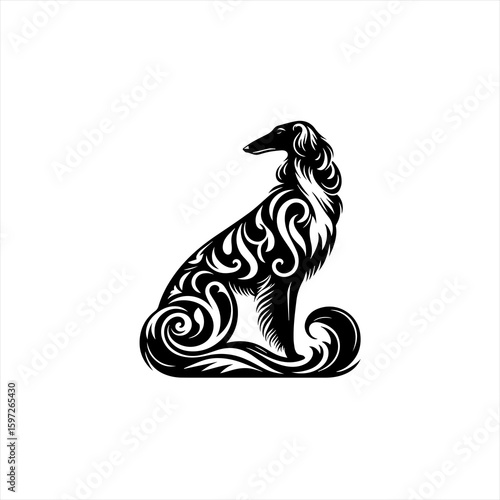 Elegant Black Borzoi Dog with Ornate Swirls.