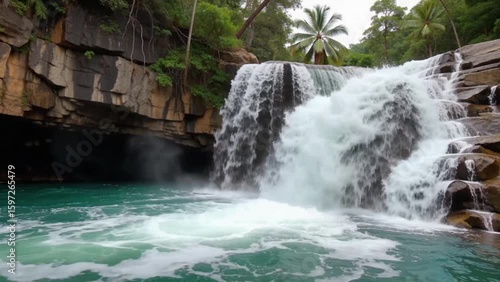 aceful Waterfall Scenery Flowing Through Nature, Serene Landscape with Soft Mist and Calming Sound, Perfect for Relaxation, Travel, and Nature Video Projects
