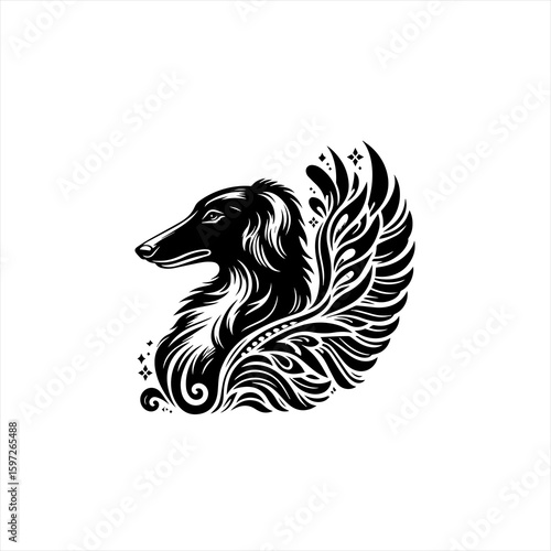 Elegant Black Silhouette of a Borzoi Dog with Ornate Flourishes.