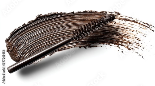Dark brown mascara smear with applicator brush against a white background.