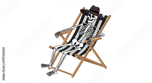 Flat vector illustration of a black and white skeleton lounging on a striped beach chair with a dark fedora. Arms rest casually, legs extended, set against a clean white background for graphic contras