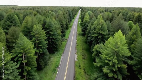 Drone Aerial View of Road Surrounded by Trees on Both Sides, Scenic Nature Landscape Captured from Above for Travel, Environment, and Forest Video Projects