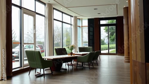 Modern Hotel Lobby Interior with Elegant Furniture and Ambient Lighting, Captured in High Resolution for Hospitality, Architecture, and Luxury Travel Video Projects