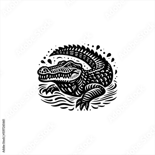 Fierce Alligator Emerging from Water Illustration.