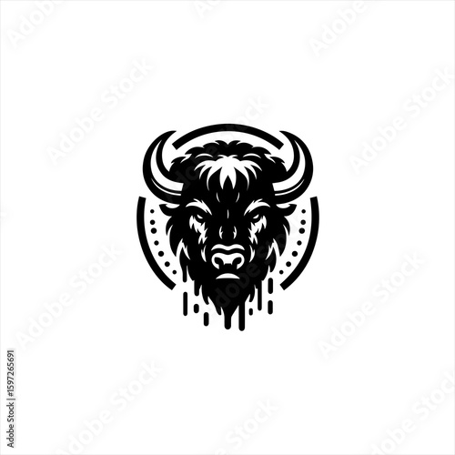 Fierce Black and White Buffalo Head Emblem.