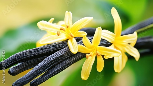 Vanilla beans blooming, tropical garden, close-up, food ingredient