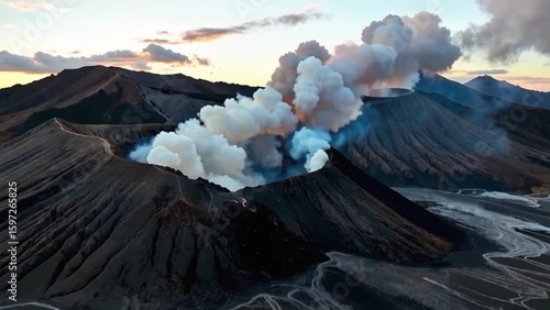 Drone Aerial View of Volcano Landscape with Crater and Smoke, Stunning Volcanic Scenery Captured from Above for Nature, Travel, and Geological Video Projects