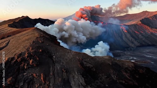 Aerial Drone Footage of Active Volcano Landscape with Smoke and Lava Flow, Stunning Natural Scenery in High Resolution for Documentary and Nature Projects