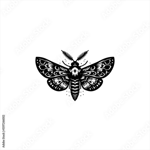Intricate Black and White Moth Silhouette Design.
