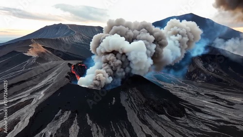 Aerial View of Volcano Landscape with Crater and Smoke, Stunning Mountain Scenery Captured by Drone for Nature, Travel, and Geology Footage Projects