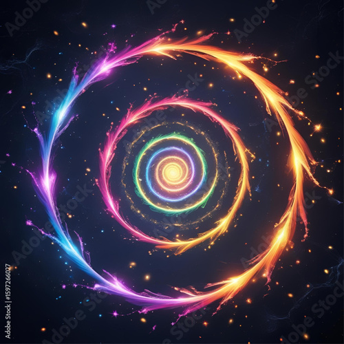 Colorful spiral galaxy illustration with cosmic energy and light effects