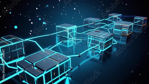Futuristic Technology Animation Showing Connected Digital Blocks in Network Structure, Perfect for Blockchain, Data Flow, and High-Tech Visualization Projects