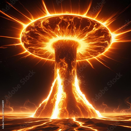 Fiery explosion mushroom cloud illustration in bright orange and yellow