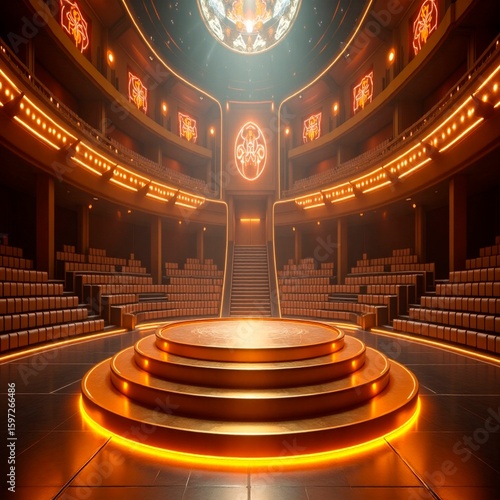 Golden Stage Podium in Futuristic Royal Arena with Neon Lighting