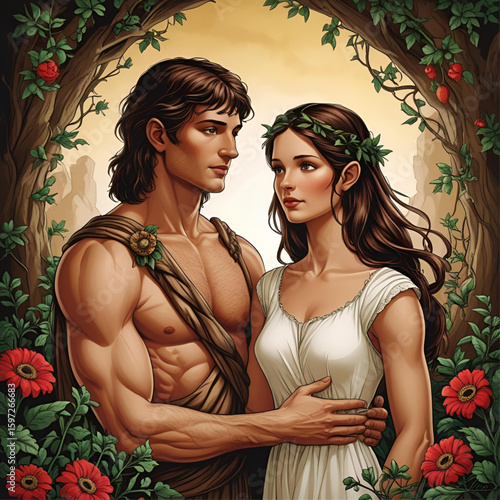 Romantic couple in garden art beautiful man and woman love relationship