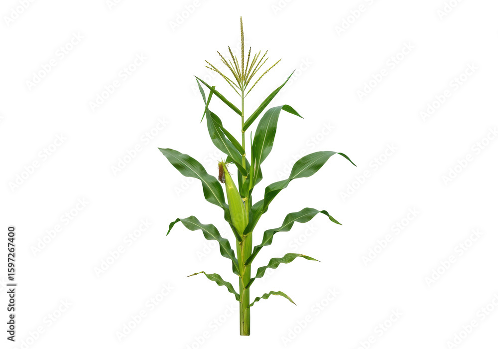 Fototapeta premium Lush green corn plant standing tall against a clear background, showcasing growth