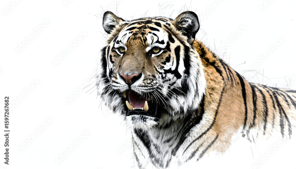 Obraz premium Striking Tiger Portrait with Open Mouth and Artistic Sketch Effect on White