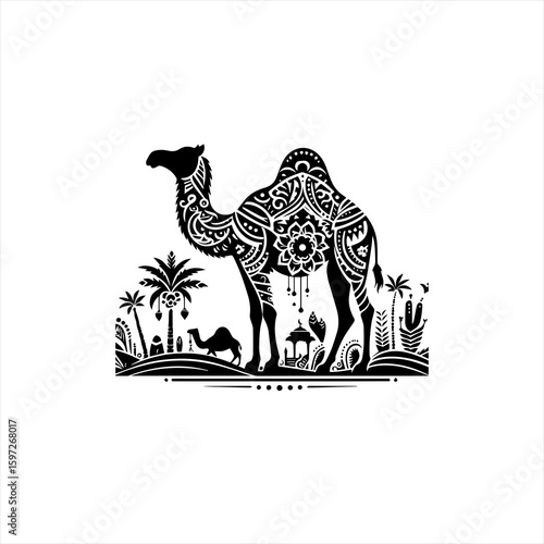 Ornate Camel Silhouette with Desert Oasis Scene.