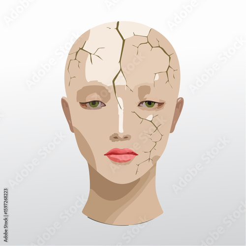 Porcelain head with cracks, visual metaphor for emotional fragility and psychological trauma.