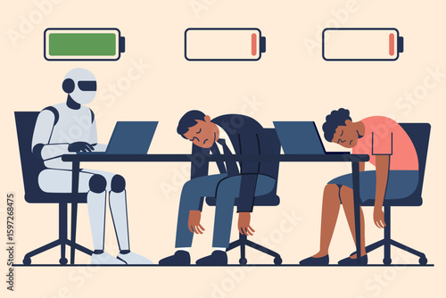 robot vs human competition artificial intelligence integration office concept tired employees successful cyborg illustration