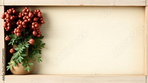 Autumnal flowers in a vase wooden frame background