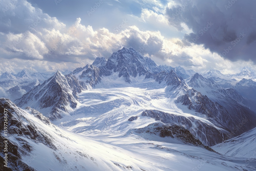 Fototapeta premium View onto Big Aletsch Glacier from Eggishorn camera showcasing majestic mountain scenery under dramatic sky conditions