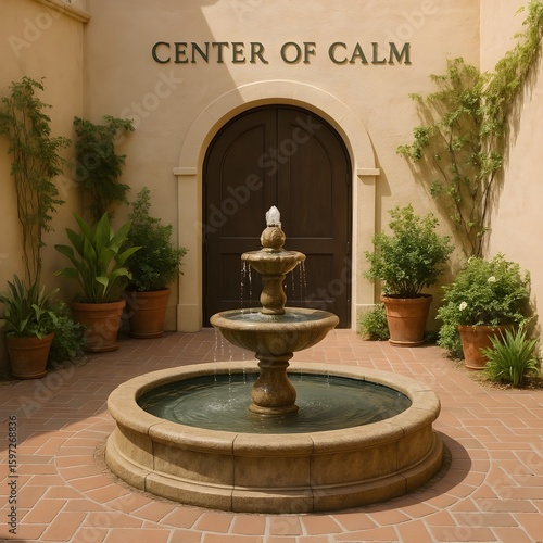 A water fountain sits in front of a building with the words center of calm