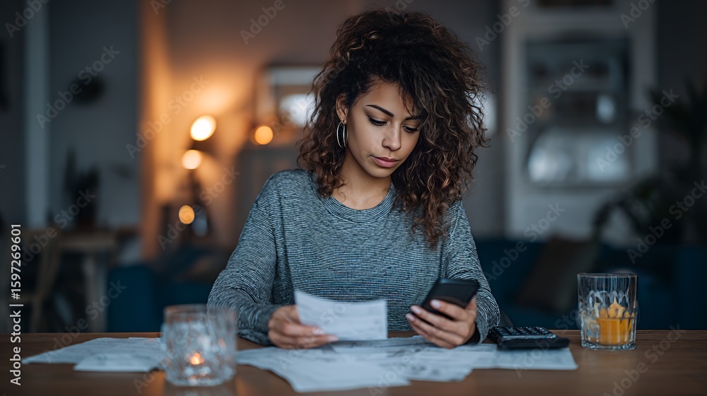 Fototapeta premium Young woman with curly hair managing her finances with receipts and a smartphone.