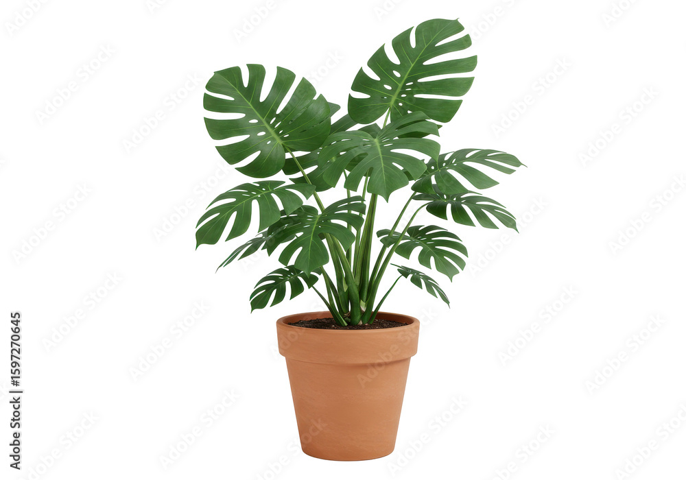 Obraz premium Lush green monstera plant in a terracotta pot, enhancing indoor decor with vibrant foliage