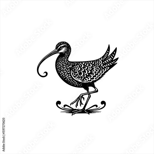 Stylized Black and White Silhouette of a Curlew Bird.